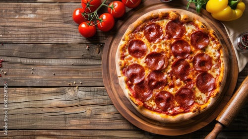 Pepperoni pizza made at home on wooden background with tomatoes bell peppers and rolling pin nearby Blank space for text