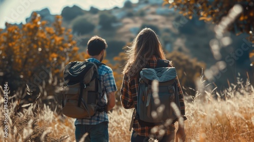 The couple is enjoying the view of the mountains. They are standing in a field of tall grass. The sun is shining and the sky is clear. The