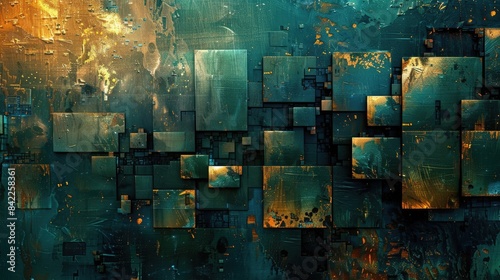 Teal and copper abstract painting with a metallic sheen.