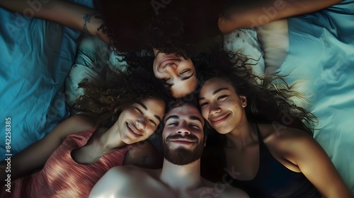Polyamorous relationship between three women and one man, illustrating love and pride in a bisexual and lesbian inclusive foursome (Generative AI)