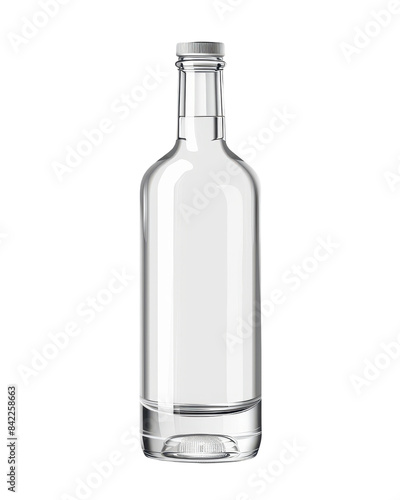 Transparent empty glass bottle with a sleek design, perfect for beverages or as a decorative piece. Photographed on a plain background.