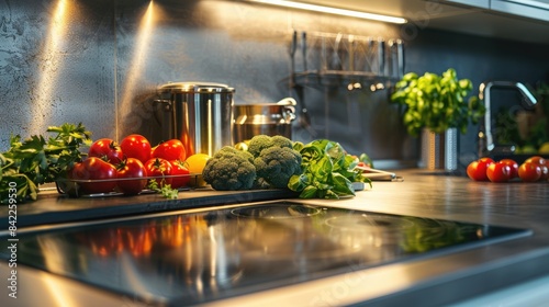 The picture shows a modern kitchen with stainless steel appliances and a large island with a cooktop and sink. The countertops are covered with fresh vegetables and herbs. There is a pot with boiling