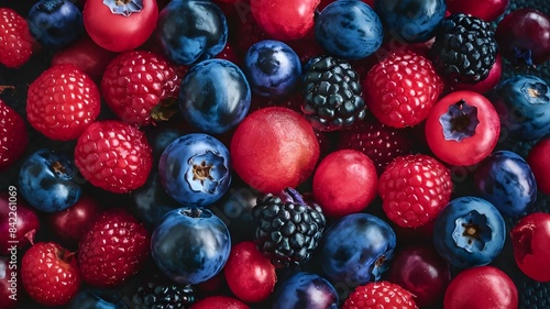 A vibrant and tantalizing close-up image of a variety of fresh, plump berries. 