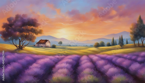 Serene Lavender Field at Sunset, painting of a vast lavender field bathed in the warm hues of a tranquil sunset