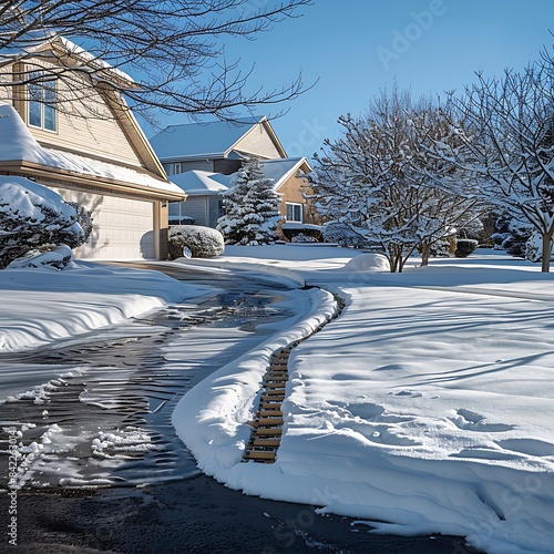 A snowy scene at a suburban house, with a heated driveway system melting the snow, showing a clear path to the garage.