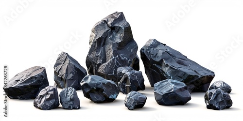 3D mountain rocks: authentic dark stones of varying sizes with geological textures and lifelike features, perfect for isolated design elements.