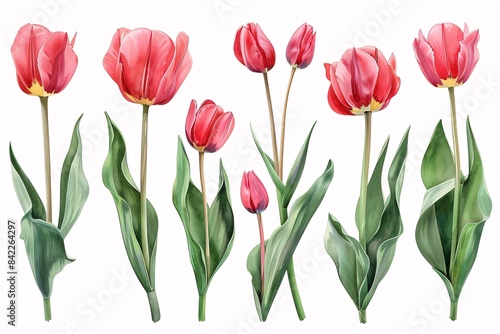 A collection of fresh floral buds of the tulip plant set against a white background.
