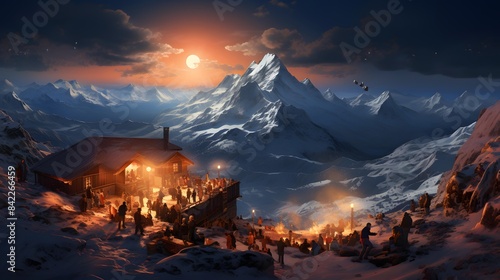 Mountain panorama at sunset with snow and fog. 3d render