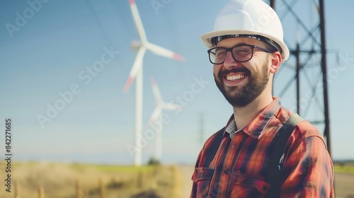 Smiling engineer next to a wind farm and power pole : Generative AI