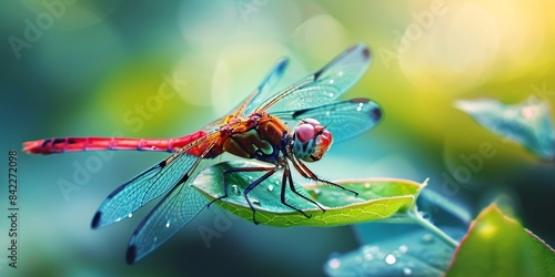 Blurred red dragonfly on leaf backdrop, Generative AI 