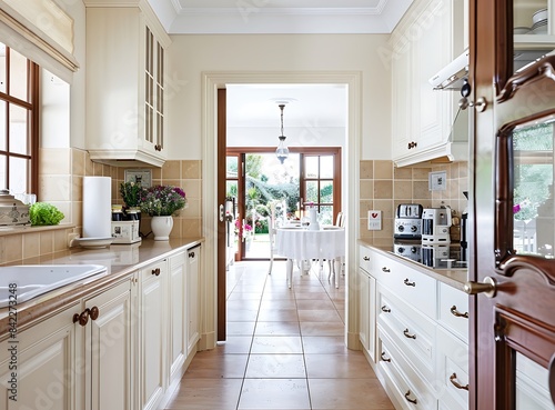 A photo of an elegant kitchen in the style of an Australian home, with white cabinets and walls, 