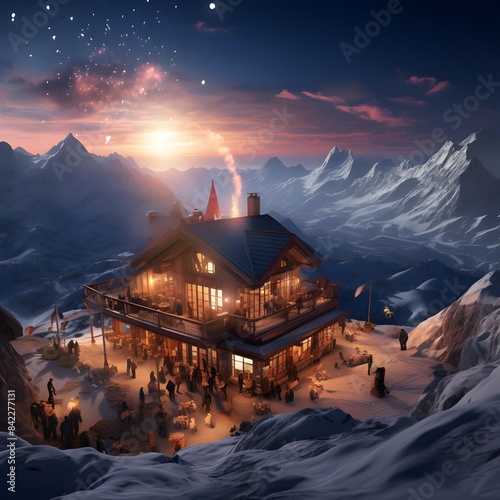 3d illustration of a mountain hut in the middle of the night