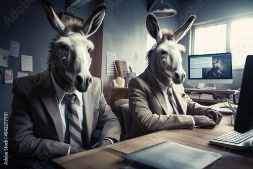Two donkeys dressed in suits sitting at desk with computer.