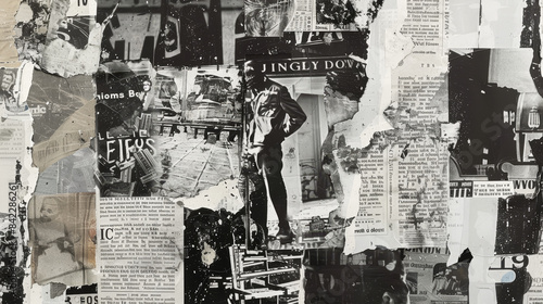 A collage of newspaper clippings with a man in the middle