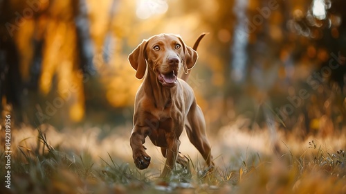 cute vizsla dog playing and hunting in the park : Generative AI