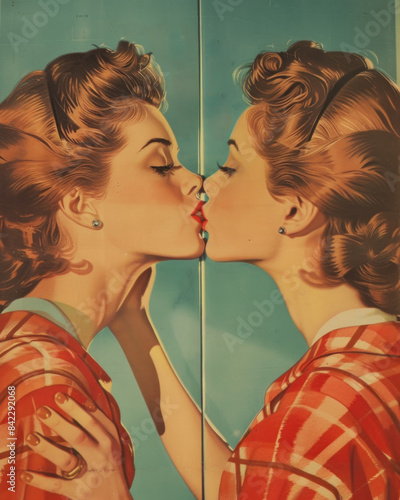 "Vintage artistic depiction of a Caucasian woman kissing her reflection in a mirror, a surreal take on self-love and identity"