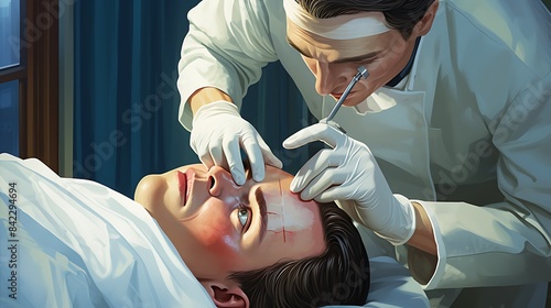 Illustrate an ophthalmic surgeon removing a cataract from a patient's eye.