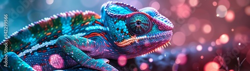 A chameleon changing colors amidst a kaleidoscope of neon lights, illustrating adaptability and change