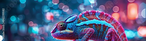 A chameleon changing colors amidst a kaleidoscope of neon lights, illustrating adaptability and change