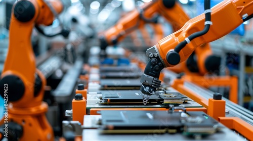 Robotic arms assembling electronic components on a production line in a modern factory, showcasing advanced automation technology.