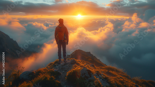 Man on mountain peak with green grass looking at beautiful mountain valley in fog at sunrise in summer. sunset over the mountain