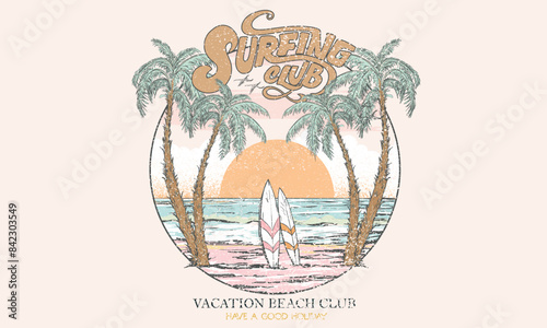 Hawaii surfing club vector design. Tropical island artwork. Summer slogan vector design. Beach club artwork.