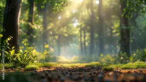 A blurred background of an enchanting forest, bathed in the soft glow of sunlight filtering through tall trees, creating a magical atmosphere.