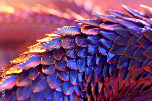A dragon with blue and purple feathers