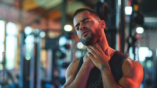 Athlete Struggling with Neck Pain in Gym