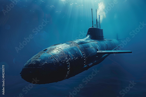 Submarine navigating in the sea, underwater exploration