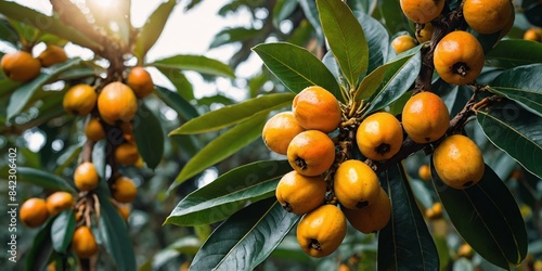 loquat tree branch with fruits and leaves wide angle banner background agriculture and nature