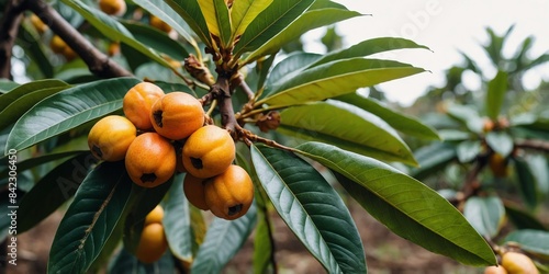 loquat tree branch with fruits and leaves wide angle banner background agriculture and nature