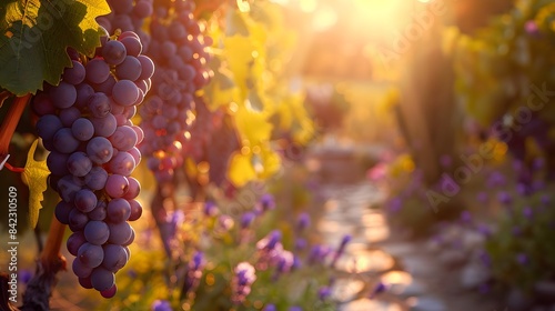 A grapevine terrace at sunset, with clusters of deep purple grapes hanging heavily from the vines. The blurred foreground includes stone pathways and blooming lavender bushes,.