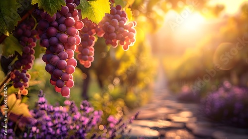 A grapevine terrace at sunset, with clusters of deep purple grapes hanging heavily from the vines. The blurred foreground includes stone pathways and blooming lavender bushes,.