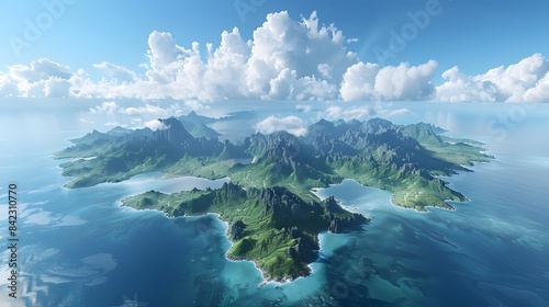 A group of islands in the middle of the sea, with lush green mountains and blue water, surrounded by white clouds.