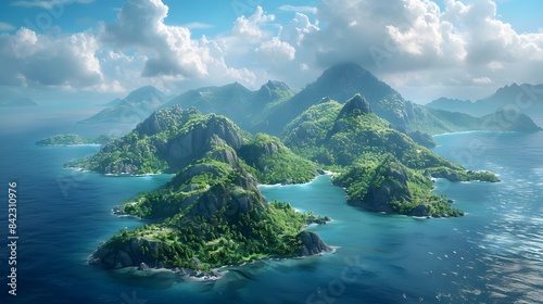 A group of islands in the middle of the sea, with lush green mountains and blue water, surrounded by white clouds.