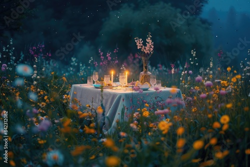A romantic campsite tucked away in a meadow filled with wildflowers, with a candlelit dinner set up under the stars for two.