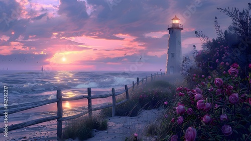 A nostalgic seaside view at dusk, with gentle waves caressing the sandy shore. A weathered wooden fence with climbing roses leads to lighthouse, creating a sense of timeless beauty and wistfulness.