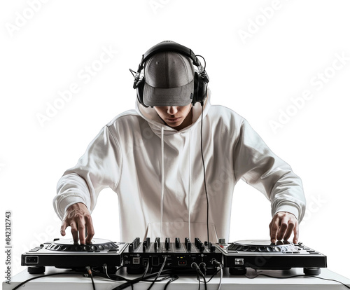 a young man in a white hoodie and grey cap, with headphones on his head playing music from the DJ console against a clean white background.