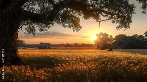 A tranquil rural landscape at golden hour, where the setting sun casts a warm glow over an expansive field of ripening wheat. idyllic charm that invokes feelings of serenity and nostalgia.