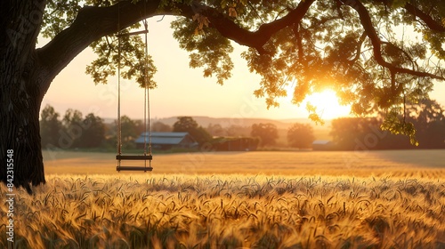 A tranquil rural landscape at golden hour, where the setting sun casts a warm glow over an expansive field of ripening wheat. idyllic charm that invokes feelings of serenity and nostalgia.