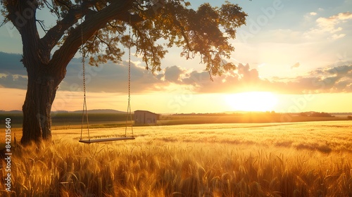 A tranquil rural landscape at golden hour, where the setting sun casts a warm glow over an expansive field of ripening wheat. idyllic charm that invokes feelings of serenity and nostalgia.