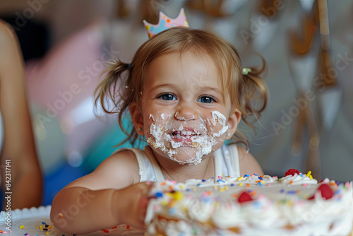 Little girl's birthday, smeared into cake, first cake celebration
