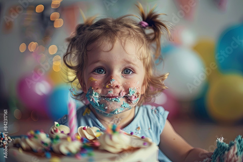 Little girl's birthday, smeared into cake, first cake celebration