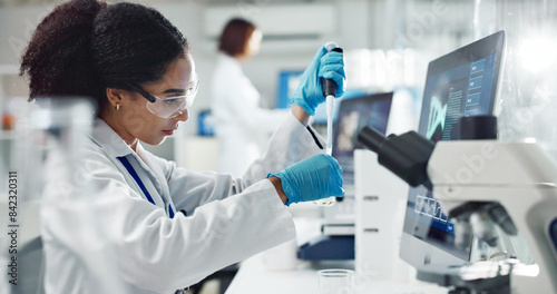 Test tubes, dropper and woman scientist in laboratory for medical study, research or experiment. Glass vials, pipette and professional female person with chemical liquid for pharmaceutical innovation