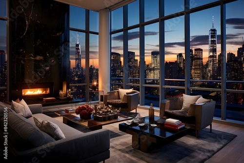 Panoramic view of a modern living room in New York City