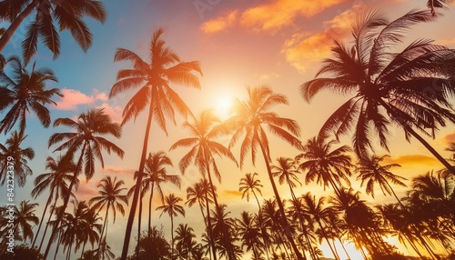 Background in the concept of summer with silhouettes of coconut trees with visible sky and sun using reggae style colors.
