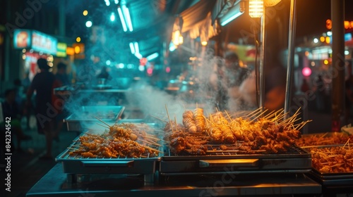 Hot grilled tradition chinese street food placed on food stall with smoke and surrounded by diverse people walking at night market with neon light and blurring background. Tourism concept. AIG42.