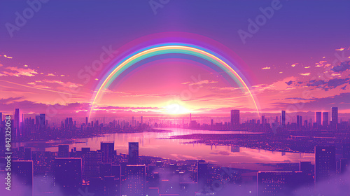 illustration of city sunset landscape with new york city