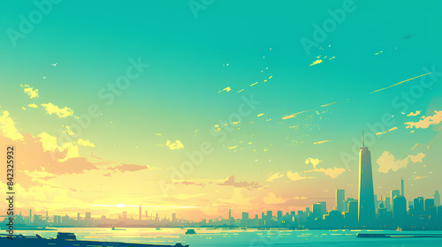 illustration of city sunset landscape with new york city
